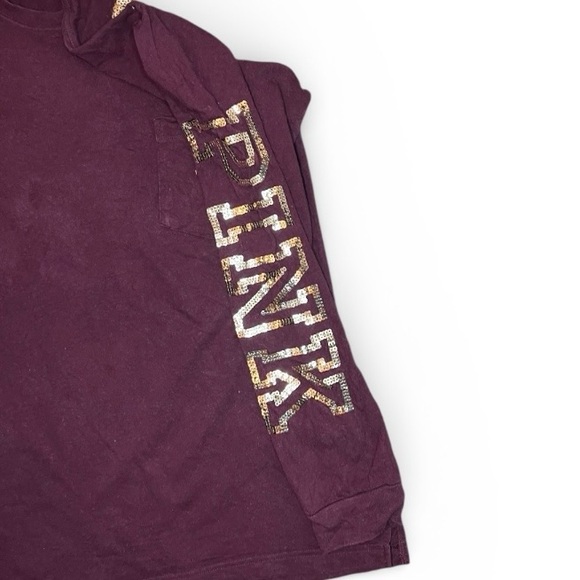 Victoria's Secret Pink Maroon Dog Sequin Oversize Campus Long Sleeve T-Shirt - Picture 3 of 4